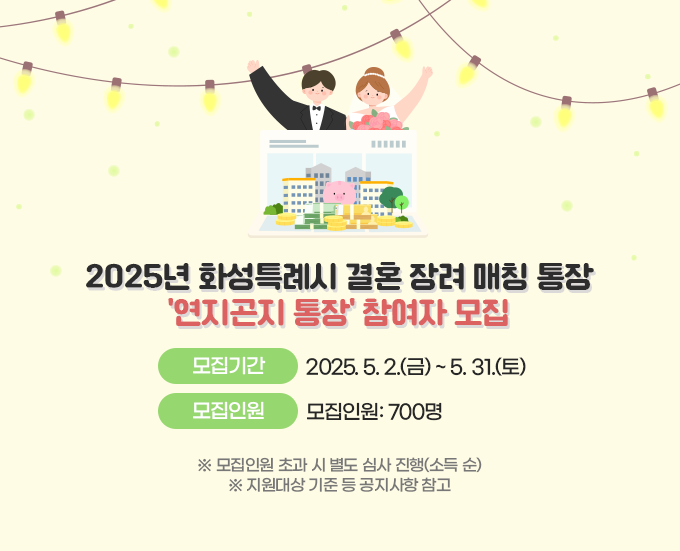 2025년 화성특례시 결혼장려 매칭 통장 '연지곤지 통장'참여자 모집 모집기간:2025.5.2.(금)~5.31(토) 모집인원 :700명